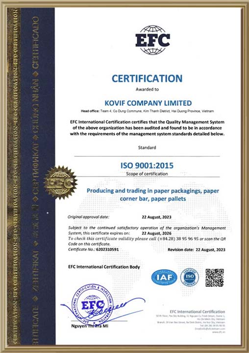Chứng nhận ISO 9001:2015 - Pallet Giấy KOVIF - Công Ty TNHH KOVIF